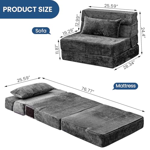 Folding Sofa Bed, Convertible Sleeper Chair with Pillow, High Density Memory Foam Fold Out Couch, Foldable Mattress Futon Sofa for Living Room/Dorm/Guest Use/Apartment/Home Office