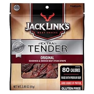 Jack Link’s Extra Tender Beef Jerky Steak Strips,Original,2.85 oz-Flavorful Meat Snack,10g of Protein and 80 Calories,Made with Premium Beef-Gluten Free and No Added MSG or Nitrates/Nitrites