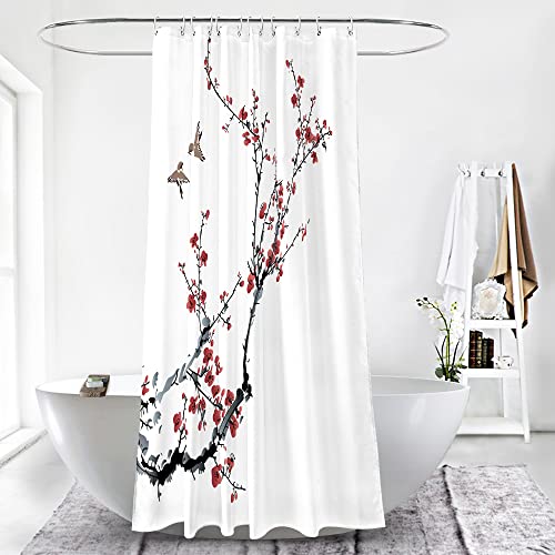 Adwaita Heavy Duty Waterproof Fabric Bathroom Shower Curtain Bath Curtain Weighted 100 Percent Polyester, Machine Washable, 72 X 72 Inches (Red Plum Flower) #TOP2