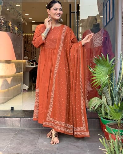 Image of ANNI Designer Women's Rayon Viscose Anarkali Printed Kurta with Pant & Dupatta