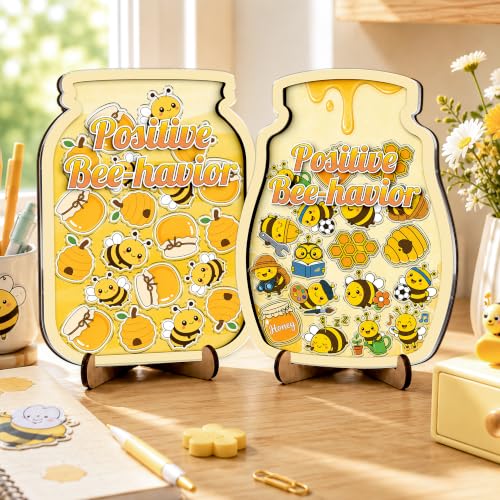 Image of Personalized Bee Magnetic Reward Jar for Kids, Wooden Positive Behavior Rewards System with Bee Tokens, Classroom Reward Jar, Toddler Potty Training, Back to School for Boys Girls, Classroom Decor