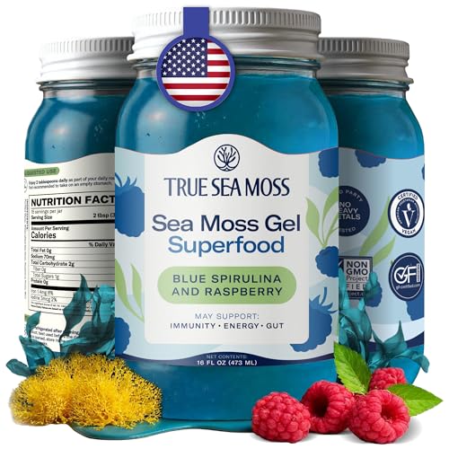 TrueSeaMoss Sea Moss Gel – Made in USA – Wildcrafted Seamoss, Fruits & Jarred Vegetables – Blue Spirulina, Pack of 1 (Labels may Vary)