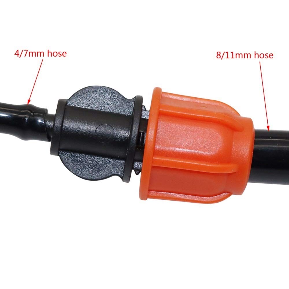 Złącze do węża ogrodowego 4/7 mm do 8/11 mm, proste złącze z nakrętką blokującą, ogrodowe mikroprzewody nawadniające, reduktor, proste złącze 100 szt. (kolor: Pomarańczowy, średnica: 3/8")