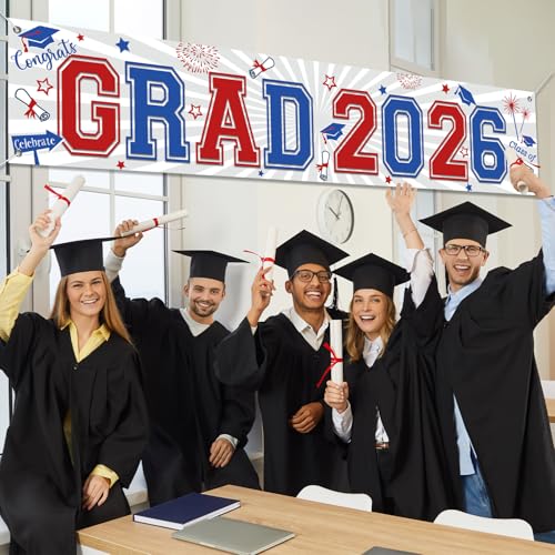 Image of Red Blue Graduation Decorations Class of 2026 Yard Sign Banner Large Red White and Blue Congrats Grad Banner Yard Sign for Graduation Party Supplies