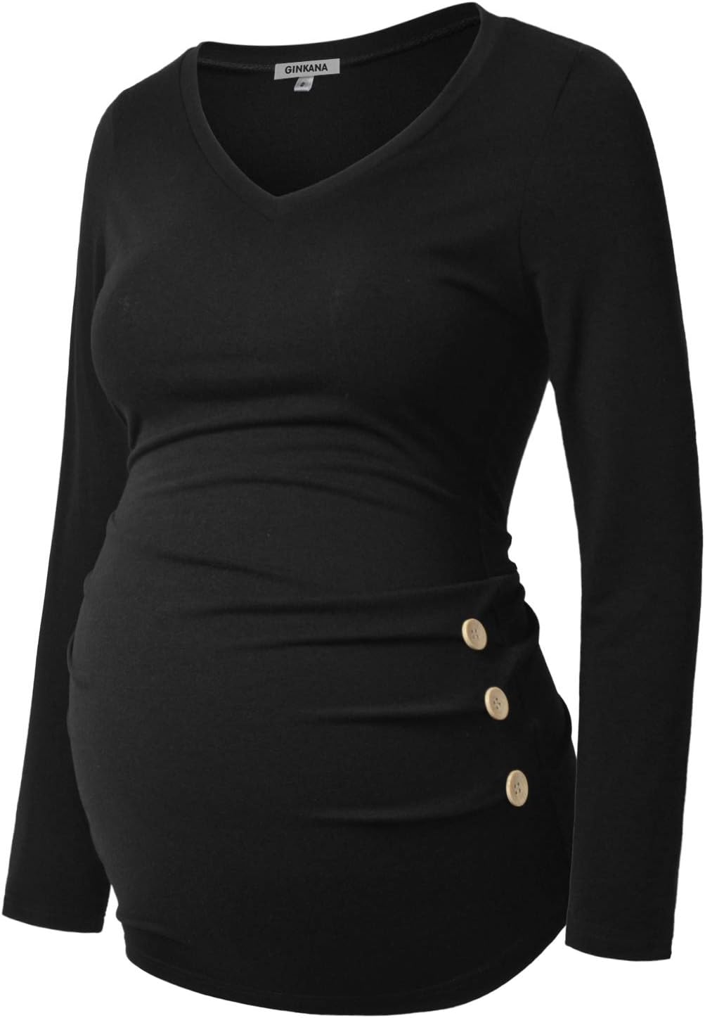 GINKANA Maternity Shirt Long Sleeve Basic Top Ruch Sides Buttons Tshirt for Pregnant