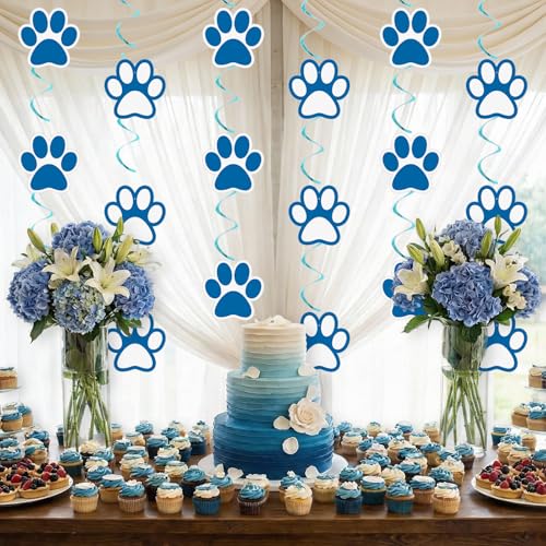 Image of 24 Pcs Dog Paw Prints Themed Party Hanging Swirl Blue White Puppy Birthday Decorations Banners Paw Prints Ceiling Streamers for Pets Birthday Baby Shower Party Favors Supplies
