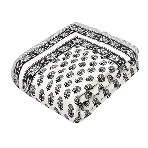 Image of BLOCKS OF INDIA Cotton Single Size Quilt Hand Block Print for Light Winters (60X90 Inches) (Grey Tree, Lightweight), 300 TC