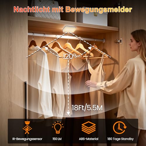 daphomeu 6 Stück Wiederaufladbare Nachtlichter mit Bewegungsmelder, 3 Lichtfarben + Dimmbar, Kabellose LED Treppenlichter für Schlafzimmer… – Ansicht 3