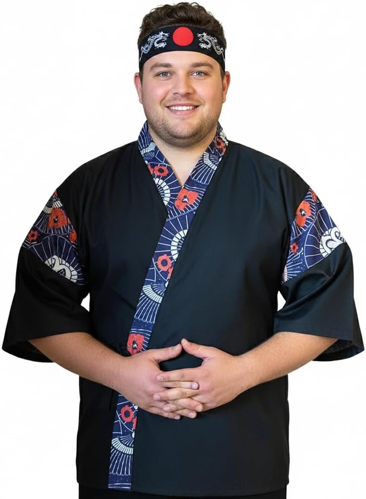 Japanese Sushi Restaurant Chef Coat Uniforms, 3/4 Sleeve Kimono Floral Workwear Jacket with Dragon Black Headband