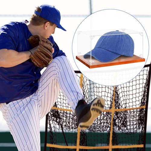 Image of Hooqict Hat Display Case Acrylic Clear Full Size Baseball Hat Case Display Holder Stand with Solid Wood Base UV Protected for Ball Cap Storage Organizer Sports Collections Memorabilia