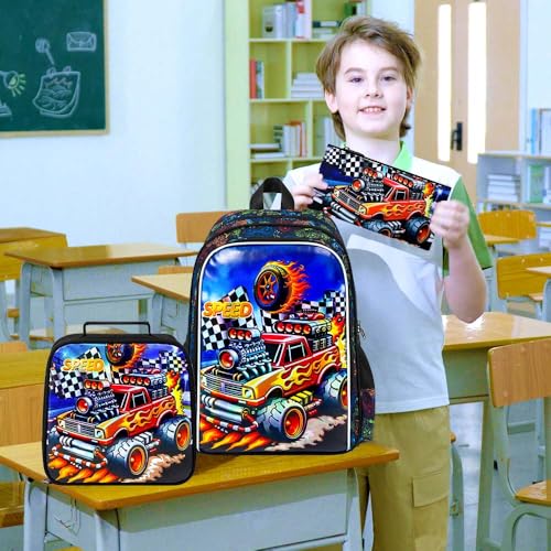 Image of HPJGD 3PCS Truck Kids Backpack for Boys, Water Resistant Elementary Bookbag Set with Lunch Box, Cool School Bag for Preschool Toddler - Red Truck