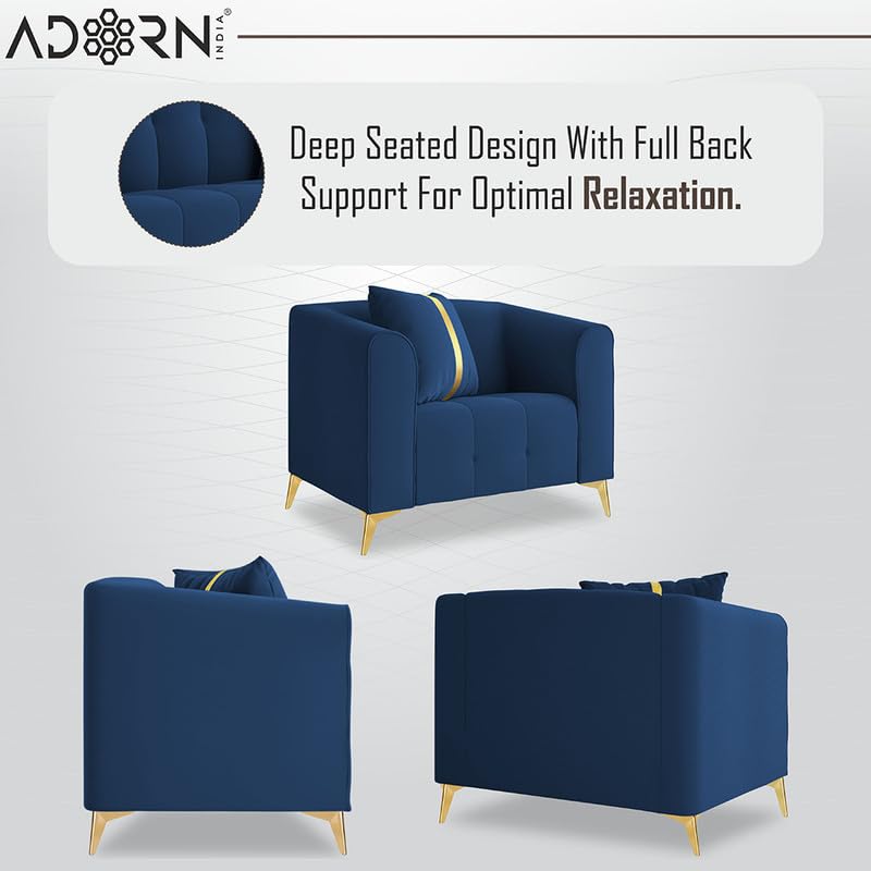 Image of Adorn India Premium Mystic - 3 Years Warranty - 3+1+1 Sofa Set Velvet Suede Fabric - Blue