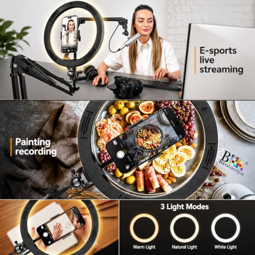 Image of BROLAVIYA No Shadow Overhead Video Mobile Stand with Extra Long Metal Arm,10 inch Selfie Ring Light, 2 Way Base clamp 1 /4 inch Adaptor for Camera, GoPro and Mobile Bracket for Desktop, Bedroom, Office