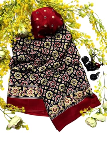 Image of Modal Silk Ajrakh Saree Bandhani Design Crepe Printed Designer Pallu Attach Blouse Piece