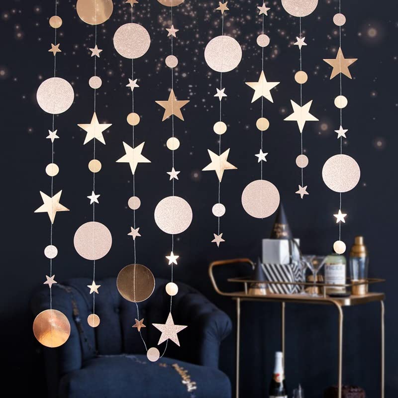 Image of Champaign Gold Party Decoration Champaign Gold Star Circle Dot Hanging Garland Hanging Streamer Decorations Star Bunting Banner Twinkle Backdrop for Wedding Anniversary Baby Shower Birthday Christmas