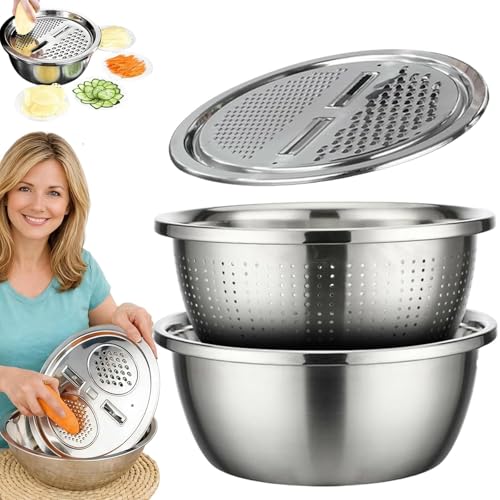 2026 New Germany Multifunctional Stainless Steel Basin, 5 in 1 Stainless Steel Shredding & Drainage Chopping Basin, Strainer(28c