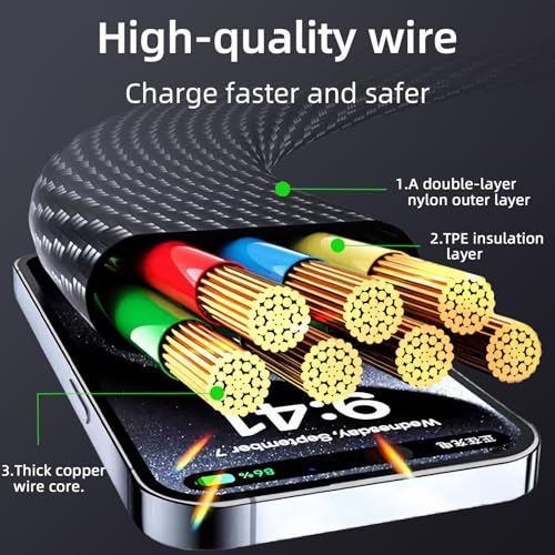 4-in-1 USB C câble avec affichage de puissance, 65W 3A Câble à charge multiple en Nylon plat avec Synchronisation de données,USB A/C à USB Port C/L compatible avec iPhone 17/16/15/MacBook/Tablet/Samsung S25 Téléphone & Encore, 2M