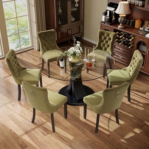 Image of 7-Piece Dining Table Set with 47In Tempered Glass Table and 6 Velvet Upholstered Chairs, Modern Scandinavian Furniture for Dining Room Kitchen(Olive Green)