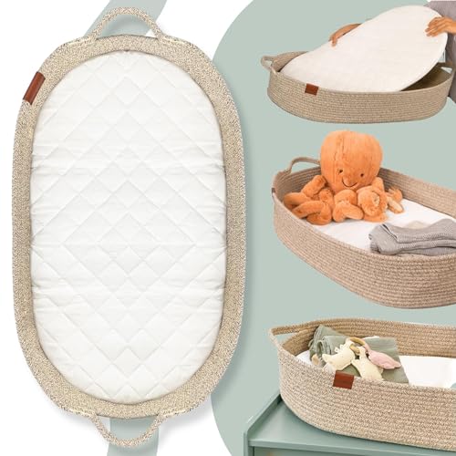 Image of Toodly Moses Basket for Babies - Cotton Rope Diaper Changing Pad for Dresser - Changing Table Topper