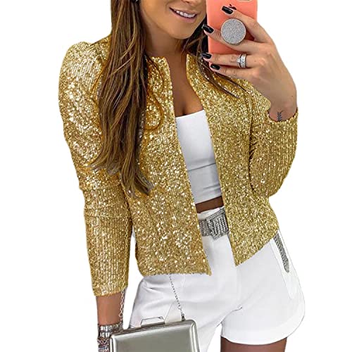 qfmqkpi Womens Sparkly Sequin Open Front Blazer Coat Puff Long Sleeve Crop Jacket