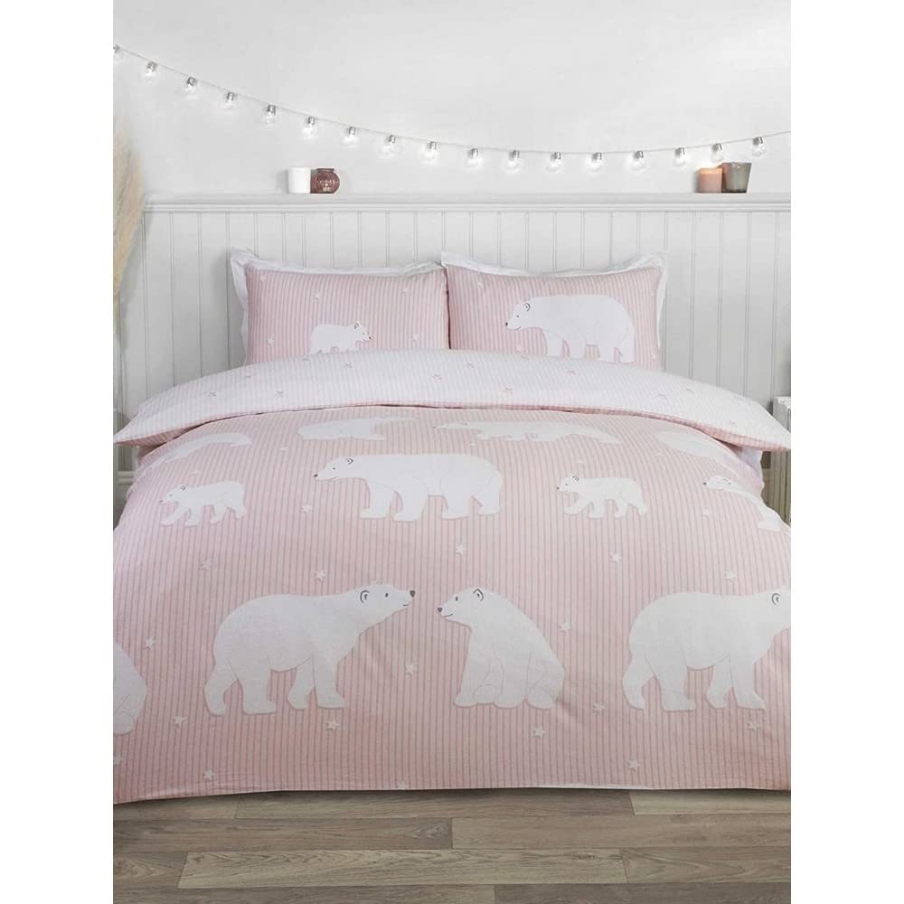 Rapport Polar Bear - Set Copripiumino Singolo in 100% Cotone Spazzolato, Reversibile, Colore: Fard