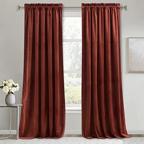 Image of RYB HOME Rust Red Velvet Curtains 120 inches Long for Bedroom, Back Tabs Classic Room Darkening Window Panels for Living Room Privacy Thermal Insulated Drapes for Nursery, W52 x L120, 2 Panels