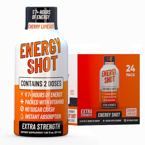 Image of Cherry Limeade Extra Strength Energy Shot 24 pk - 260mg Natural Caffeine B12 B6 - Energy & Focus Support - 2 Servings Sugar Free Zero Calorie Green Tea B-Vitamins Electrolytes Vegan - 1.93 fl oz