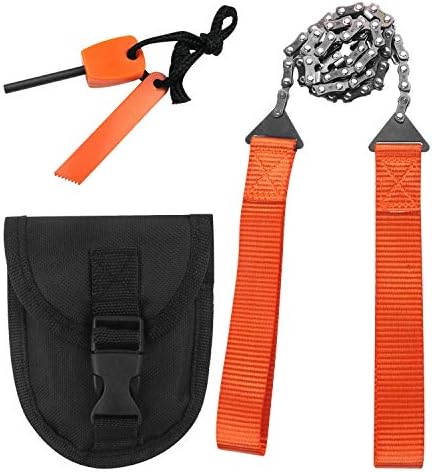 Survival Chainsaw Pocket Hand Saw 25-Inch Folding Survival Chain Saw with Strong Sharp Teeth for Camping Hiking Hunting Gardening and Outdoor Emergency Includes Fire Starter and Carrying Pouch