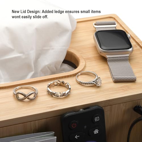 MobileVision Bamboo Tissue Box Holder & Tablet Stand Organizer for Bedroom & Desktop; compartments hold iPad Phones Remote Controls Reading Glasses Notepads & Pens - Image 5
