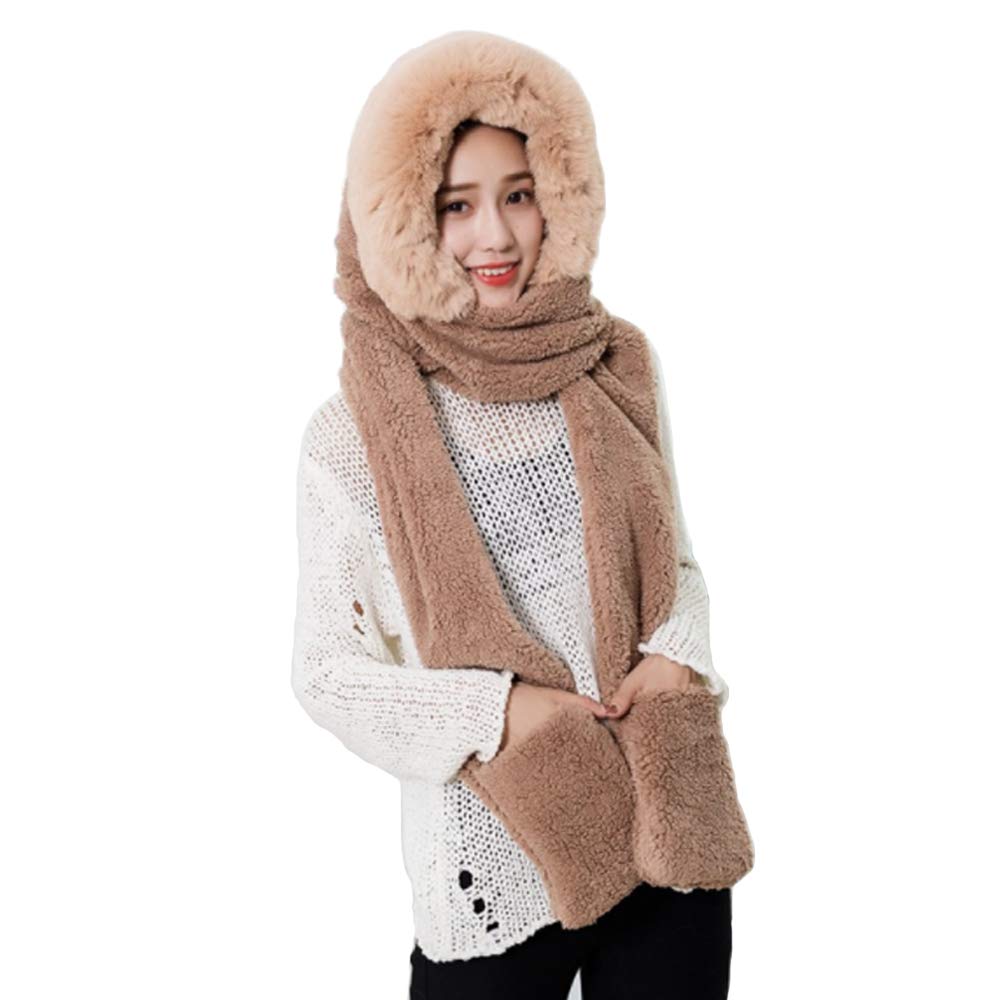 3 in 1 Winter Hat Scarf Glove Set for Women, Warm Women Siamese Hooded Scarf Gloves Pocket Hat Long Shawl Wraps Coral fleece (Coffee)