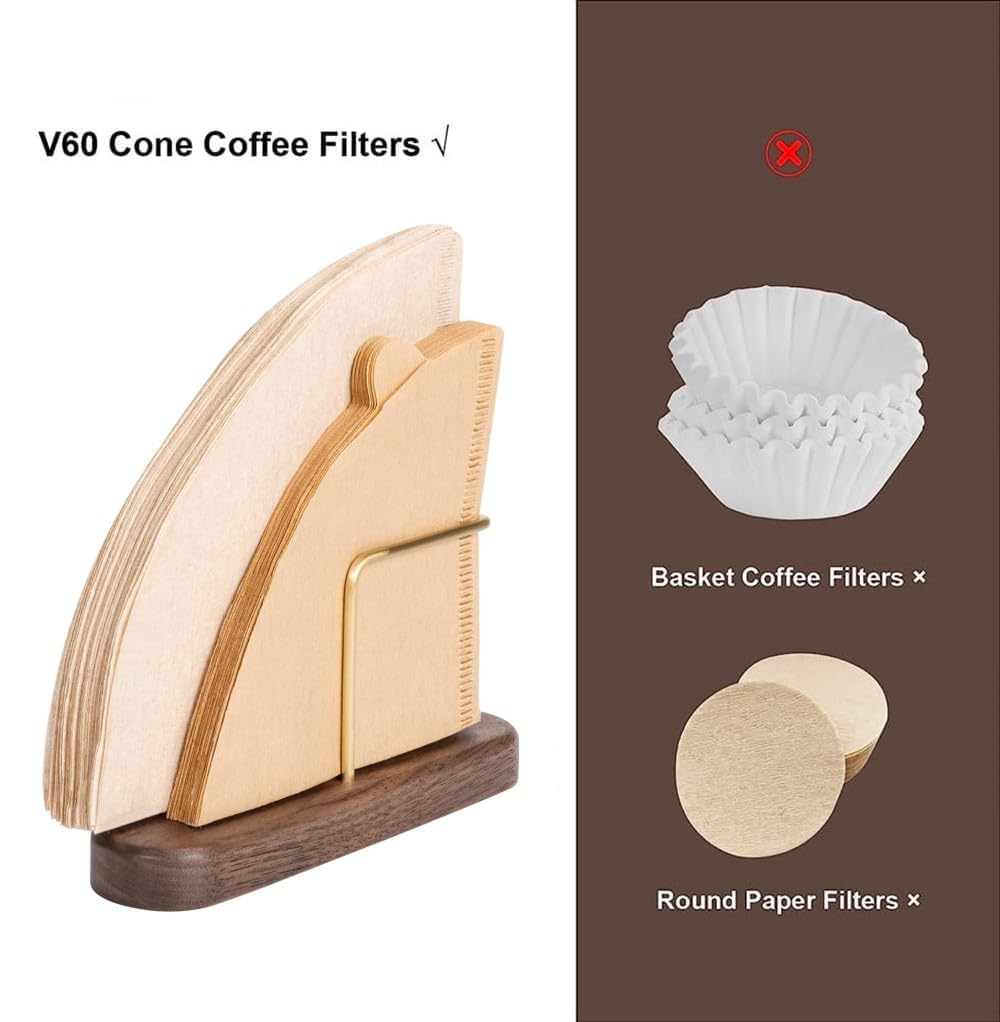 Primst Porta Filtri Per Caffè A Cono In Legno Di Noce E Ottone - Supporto Per Filtri V60 #1/#2/#4 - Capacità 40 Filtri