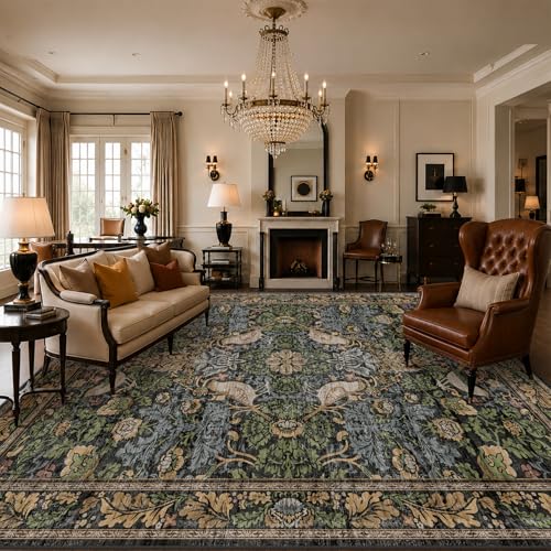 Image of Hazo Haus Dark Living Room Rug 8x10 - Large Washable Vintage Floral Area Rugs for Dining Room, Bedroom, Traditional Antique Style, Birds and Leaves Nature Design, Non-Slip Low Pile (Dark Green /Brown)