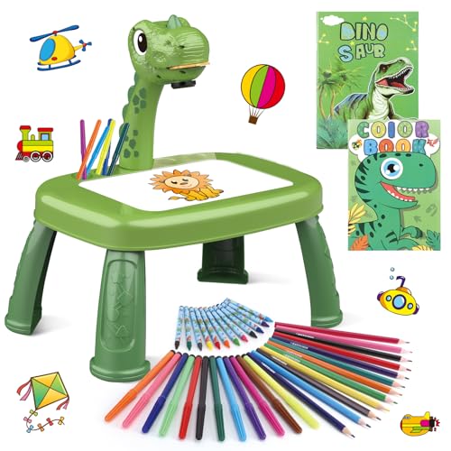 Drawing Projector for Kids, Art and Crafts, Drawing Board with Color Pens, Pencils, Crayons, Scrapbook, Dinosaur Sticker Book, Ideal Toy for 3+ Year Old Girls & Boys (Dinosaur Kit)