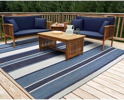 Liora Manne Sorrento Indoor/Outdoor Hand Woven Polyester Handmade Area Rug - Transitional Geometric Casual Colorful (Boat Stripe Navy) (8' Square)