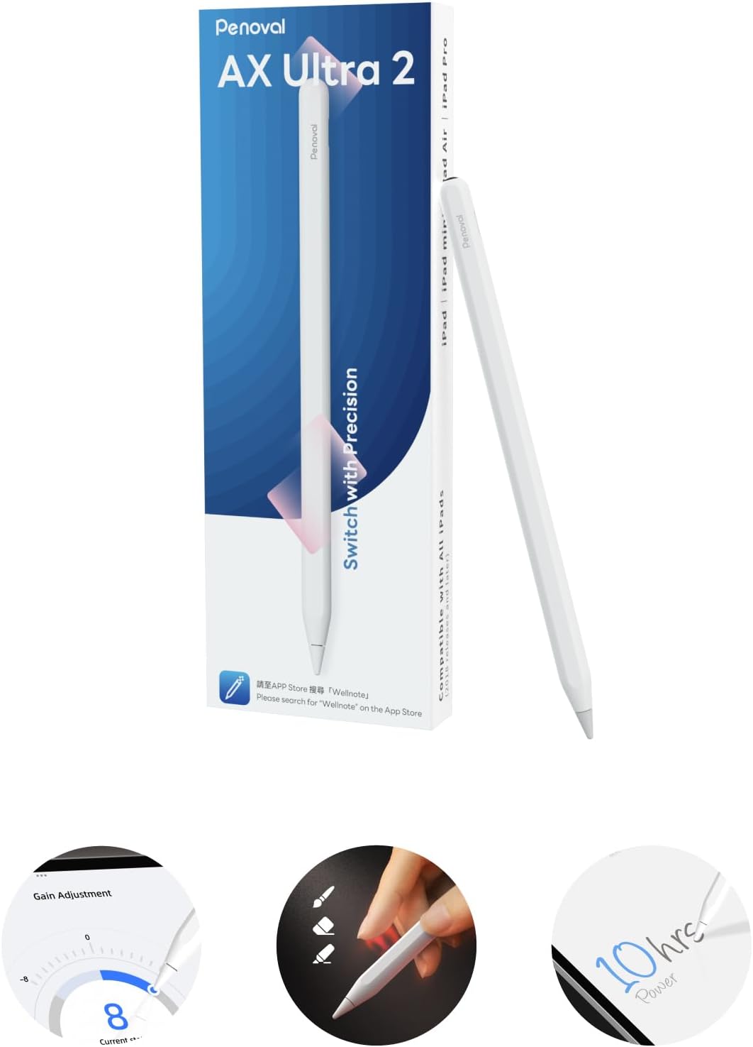 Penoval Stylus Compatible for iPad 2024-2018, Eraser Switch, User-Defined Shortcut, Auto-Wake and Sleep, for iPad Pro 11/12.9/13 Inch, Air M2/5/4/3th, Mini 7/6/5th, iPad 10/9/8/7/6th, AX Ultra 2