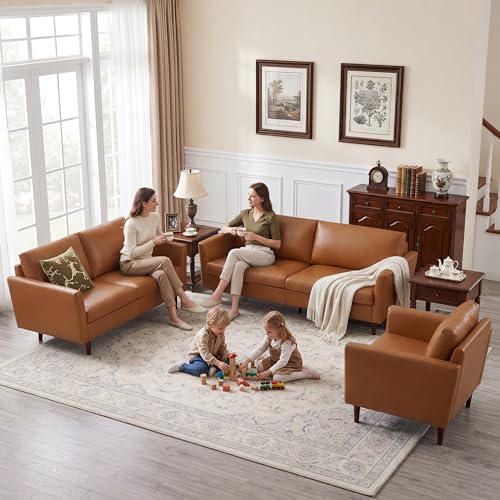 Image of Kingfun 3 Piece Living Room Furniture Sets, 3 Seater Couch, Loveseat and Armchair, Faux Leather Couch Set, Mid Century Modern Sofa Set with Solid Wood Frame for Living Room, Office, Mid Brown