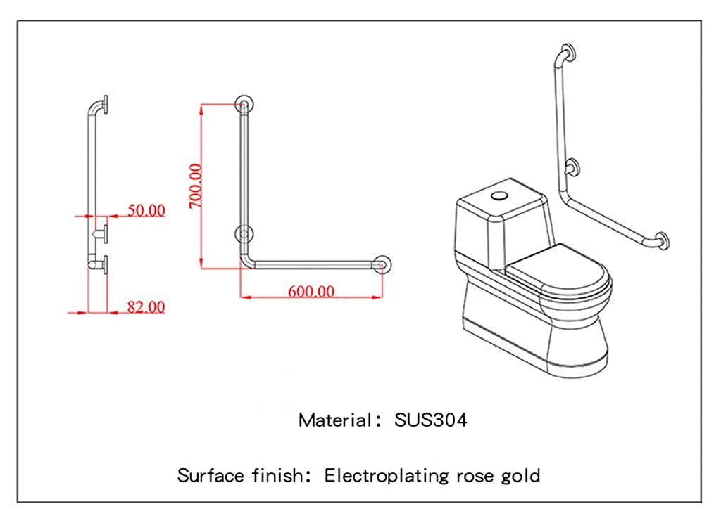 Barras de Apoyo Barras de Apoyo para baño Barras de Apoyo para baño con baño galvanizado en Oro Rosa Barra de Apoyo para Inodoro en Forma de L de Acero Inoxidable Barra de Apoyo pa