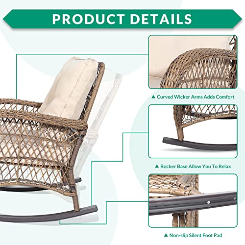 Vivijason Outdoor Wicker Rocking Chair, Patio Rattan Rocker Chair With Cushions & Steel Frame, All-Weather Rocking Lawn Wicker Furniture For Garden Backyard Porch (Beige) #TOP2