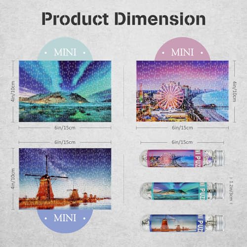 Rompecabezas pequeños MISITU para adultos, 150 piezas, 3 unidades: Luces del norte, molino de viento holandés y rueda de la fortuna, 6" x 4" miniatura 3