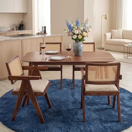 Image of Wooden Dining Table Set with 4 Chairs, Natural Oak, Rectangular, Modern Style,with Cane Back Chairs with Cushions for Dining Room | Living Room (Table (115 cm x 76 cm Gray Valvet Cushion)