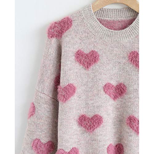 Chicwish Women's Comfy Casual Pink Fuzzy Hearts Knit Sweater Pullover Sweatershirt #TOP4