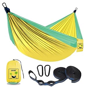 SZHLUX Kids Hammock – Kids Camping Gear, Camping Accessories with 2 Tree Straps and Carabiners for Indoor/Outdoor Use,Green & Yellow