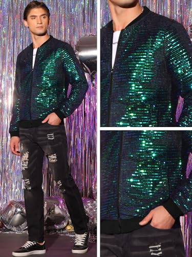 Image of Lars Amadeus Green Sequin Jacket for Men's Zipper Long Sleeves Party Disco Shiny Bomber Jacket Large Green