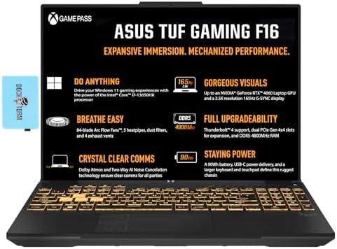 ASUS TUF Gaming F16 16.0″ 165Hz WUXGA IPS-Level Gaming Laptop (Intel i7-13650HX, 32GB DDR5 RAM, 2TB SSD, GeForce RTX 4060 8GB, RGB Backlit KB, Thunderbolt 4, Wi-Fi 6, BT 5.2, Webcam, Win11H) w/Hub