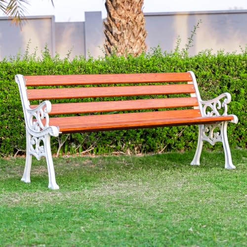 Image of BRISHI 3 Seater Cast Iron FRP Garden Bench for Indoor & Outdoor Park /Patio /Living Room /Terrace /Balcony (White + Brown)