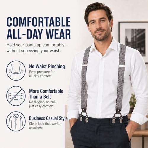 Image of Men's Heavy Duty Y-Back Suspenders, 6 Strong Metal Clips Adjustable Elastic Straps for Work, Tuxedos, and Daily Wear
