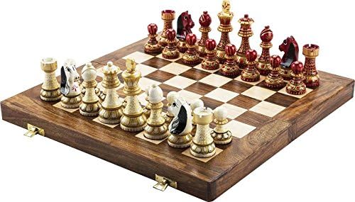 CHESSNCRAFTS Rajasthani Hand Painted Chess Board Game Set- RED STAUTON Wooden Chess Men with Folding Chess Board 14" X 14"- Best for Gifting, Home Decor & Playing.