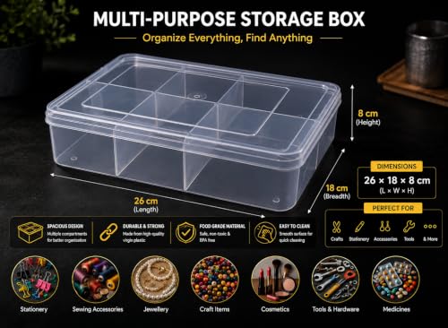 Image of Heavy Duty Transparent Plastic Box for Jewellery storage Size - 26 x 18 x 8 cm, with 6 Compatment storage box and organiser,Pack of 1