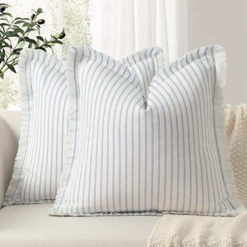 Image of ZWJD Throw Pillow Covers 22x22 Set of 2 Striped Pillow Covers with Fringe Chic Cotton Decorative Pillows Square Cushion Covers for Sofa Couch Bed Living Room Farmhouse Decor (Light Blue)