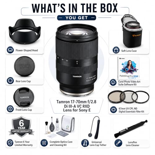 Image of Tamron 17-70mm f /2.8 Di III-A VC RXD Lens for Sony E APS-C 25.5-105mm Equivalent Bundle w /UV CPL ND Filter Kit, Lens case, Cleaning Kit, Software Kit, Cap Tether, Tamron 6 Year Limited Warranty